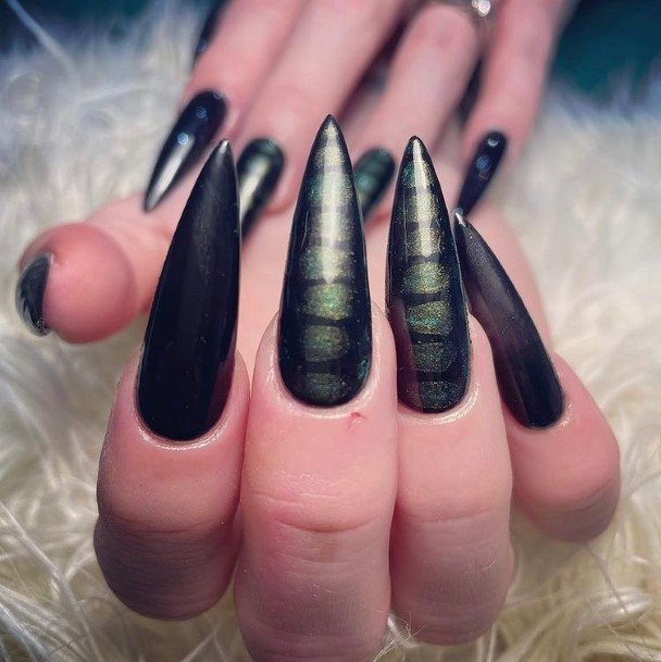 Female Cool Black And Green Nail Design