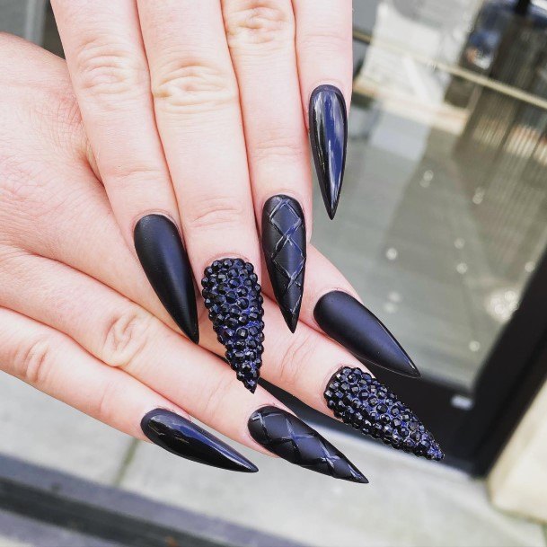 Female Cool Black With Rhinestones Nail Design