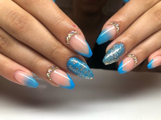 Female Cool Blue And Gold Nail Design