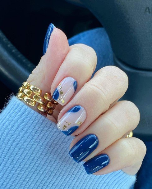 Female Cool Blue And Gold Nail Ideas