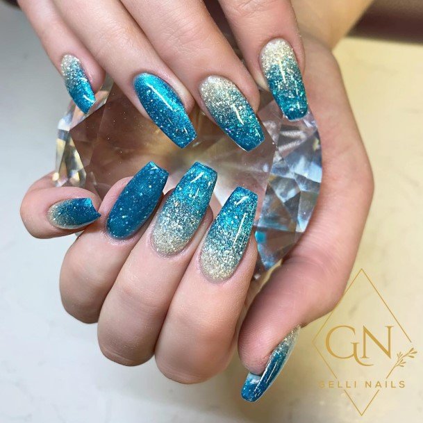 Female Cool Blue And Silver Nail Design