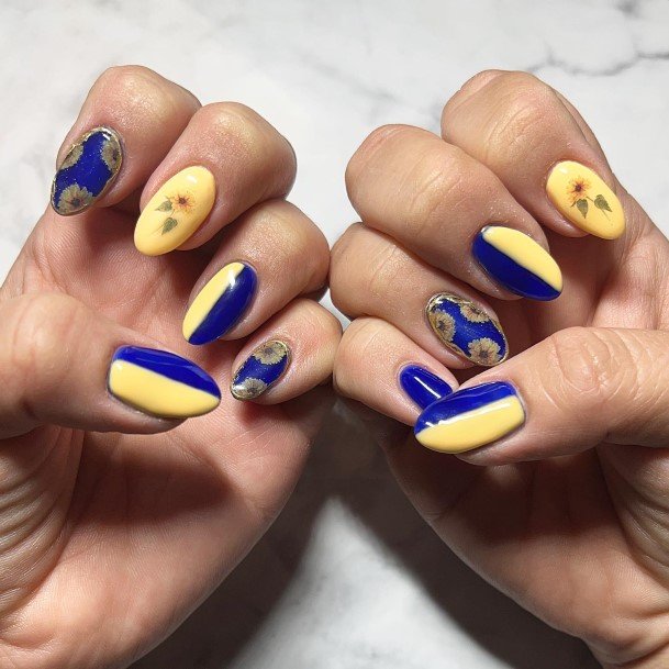 Female Cool Blue And Yellow Nail Design