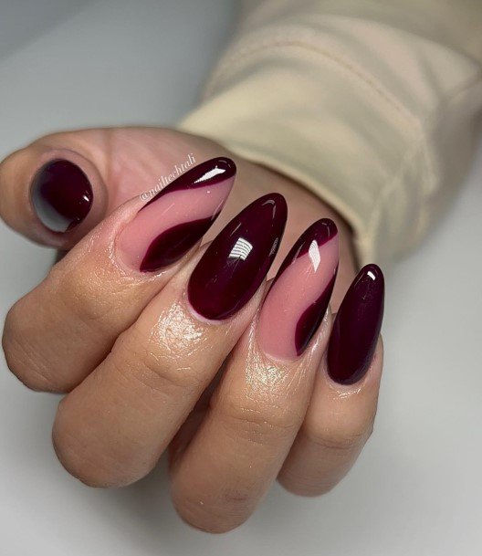 Female Cool Burgundy And Black Nail Design