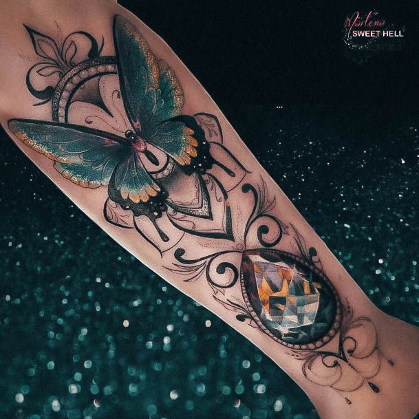 Female Cool Diamond Tattoo Ideas Forearm With Butterfly