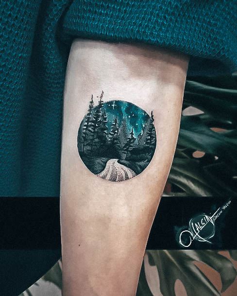 Female Cool Galaxy Tattoo Ideas Circle Forest Night Sky