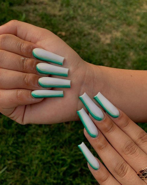 Female Cool Green And White Nail Design