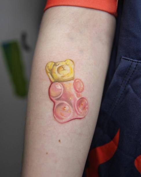 Female Cool Gummy Bear Tattoo Ideas Red And Yellow