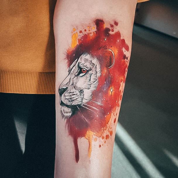 Female Cool Leo Tattoo Ideas Forearm Watercolor Lion Mane