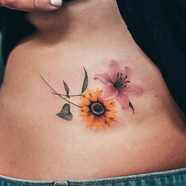 Female Cool Lily Tattoo Ideas Stomach With Sunflower