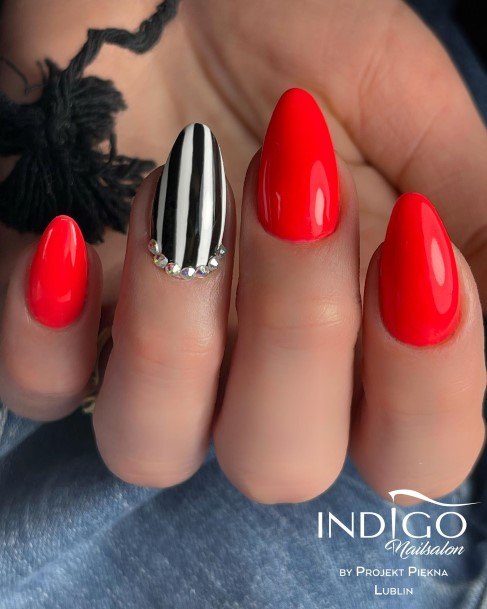 Female Cool Red With Diamond Rhinestones Nail Ideas