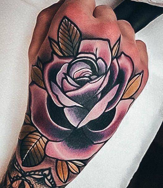Female Cool Rose Hand Tattoo Design Neo Traditional Purple Red White Ink