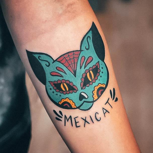 Female Cool Sugar Skull Tattoo Design Cat Themed Mexican