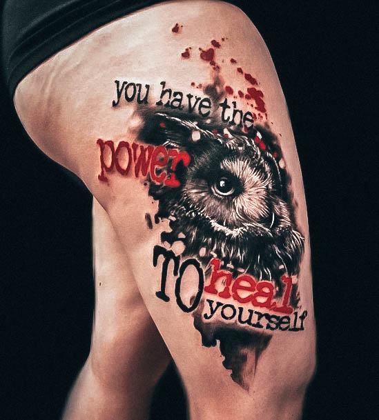 Female Cool Trash Polka Tattoo Design Thigh Owl
