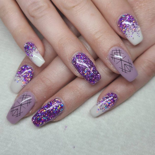 Female Cool White And Purple Nail Design