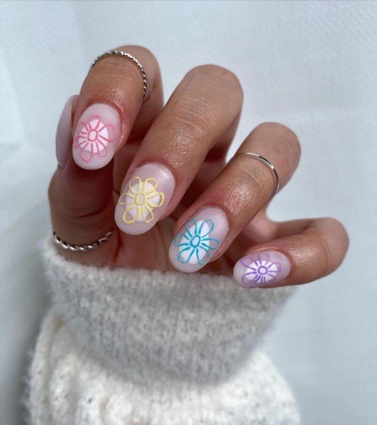 Female Cool White With Flowers Nail Design