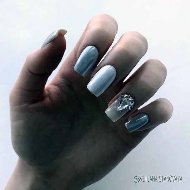 Female Cool White With Rhinestones Nail Design