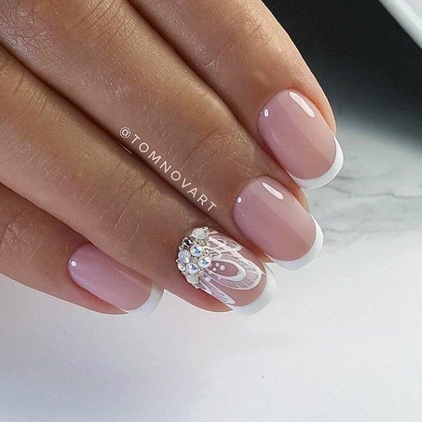 Female Cool White With Rhinestones Nail Ideas