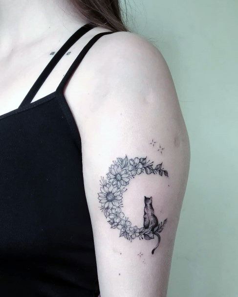 Female Flower Moon Tattoo On Woman