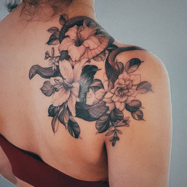 Female Flower Shoulder Tattoo On Woman