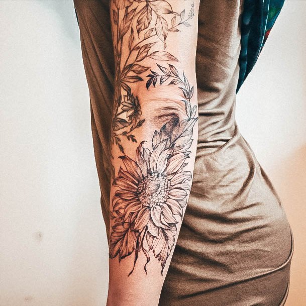 Female Flower Sleeve Tattoo On Woman