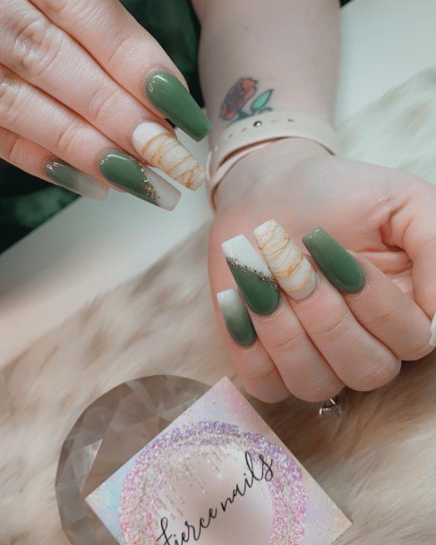Female Green And White Nails