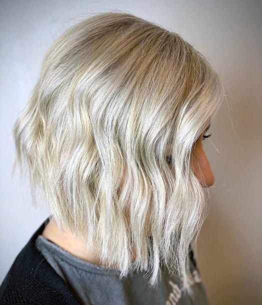 Female Icy White Hair Color Long Inverted Wedge With Slight Wavy Texture