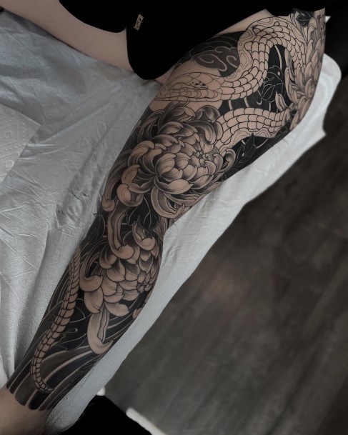 Female Leg Sleeve Tattoo On Woman