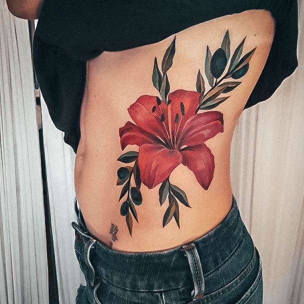 Female Lily Tattoos Rib Cage Side