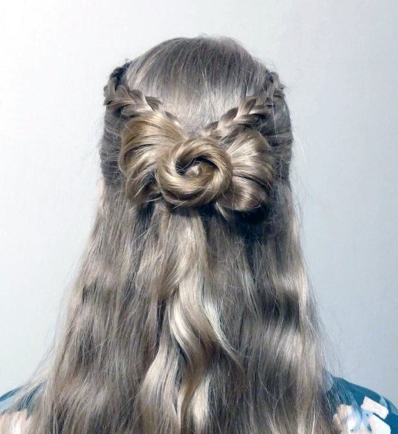 Female Long Blonde Hair With Double Dutch Braid Into Bow Tie Bun