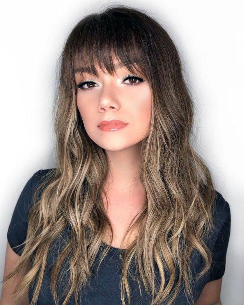 Female Long Medium To Light Brown Ombre With Bangs