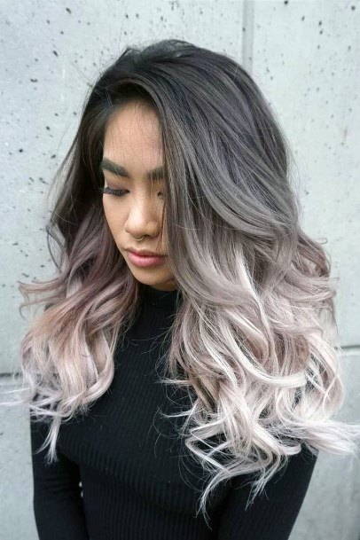 Female Long Thick Layers Dramatic Ombre Black Purple Pink Icy Pink