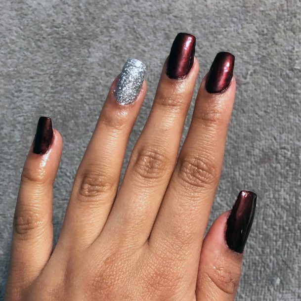 Female Maroon And Silver Nails