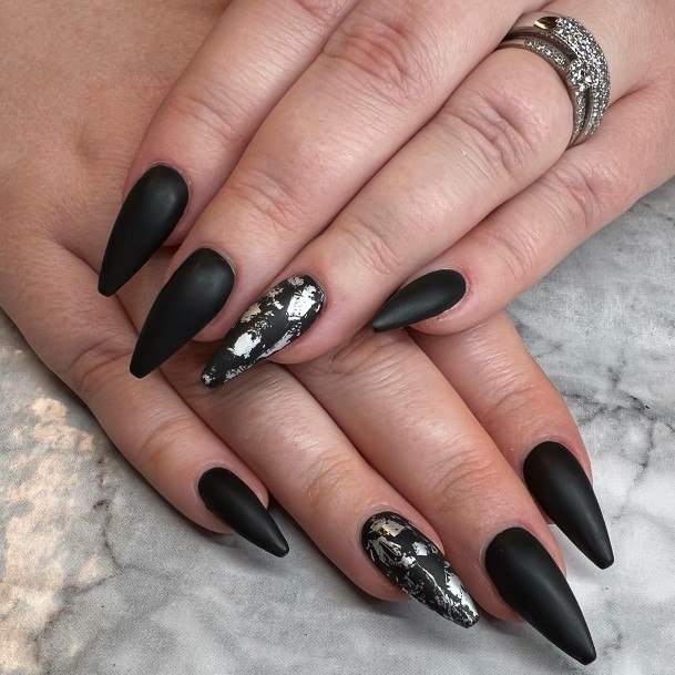 Female Matte Black And Gold Nails