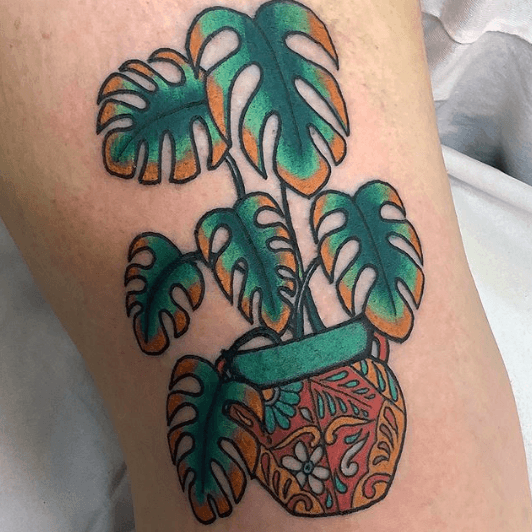 Female Monstera Tattoo On Woman