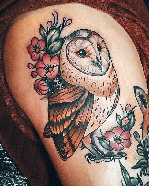 Female Neo Traditional Tattoos Owl Thigh