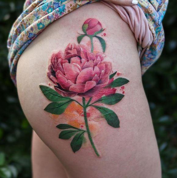 Female Peony Tattoos Thigh 3d