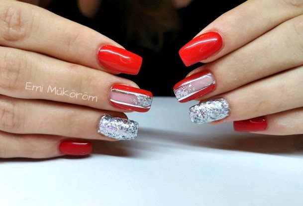 Female Red And Silver Nails
