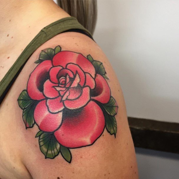 Female Rose Shoulder Tattoo On Woman