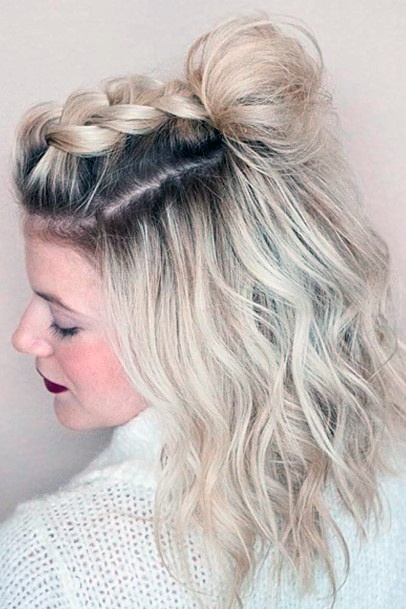 Female Shoulder Length With Thick Center Braid Icy Blonde