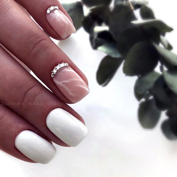 Female White With Rhinestones Nails