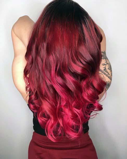 Female With Long Hair Ombre From Shiny Black To Burgundy Red Ends