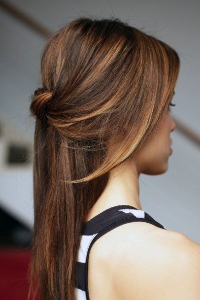 Female With Long Medium Brown Hair With Easy Partial Pull Back Into Hair Knot