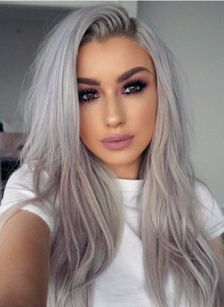 Female With Sexy Straight Grey Wispy Beautiful Hairstyle Look