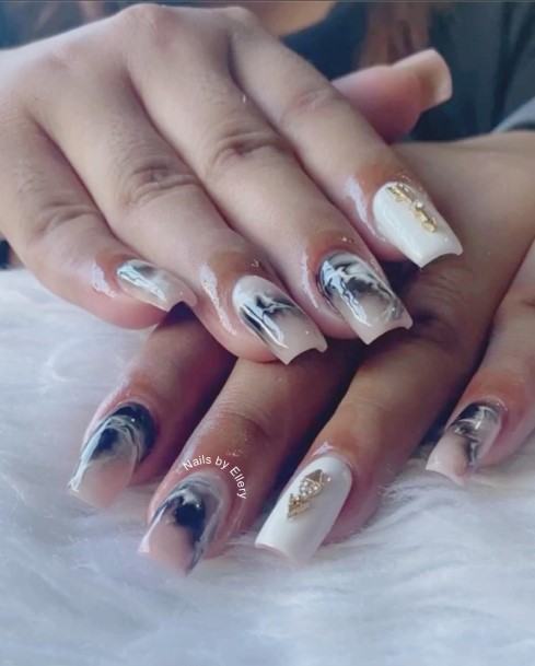 Females Black And White Marble Nails