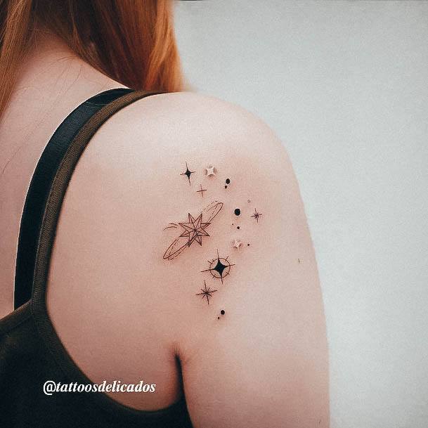 Females Girly Tattoos Outer Space Stars Shoulder