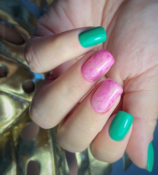 Females Green And Pink Nails