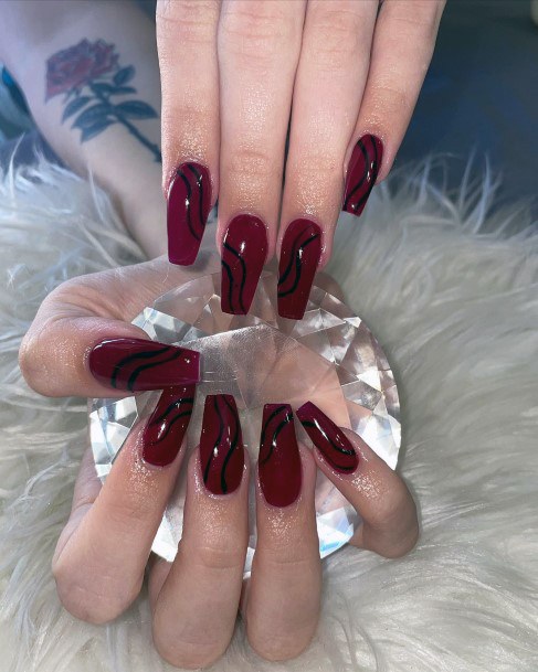 Females Maroon And Black Nails