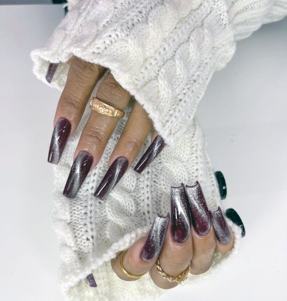 Females Maroon And Silver Nails