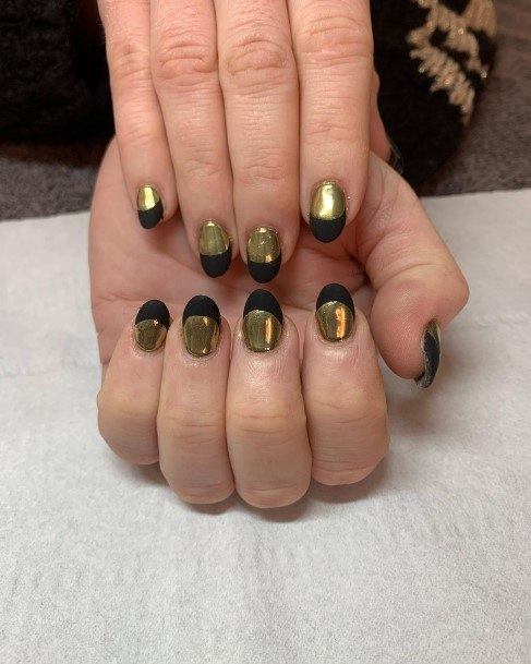 Females Matte Black And Gold Nails