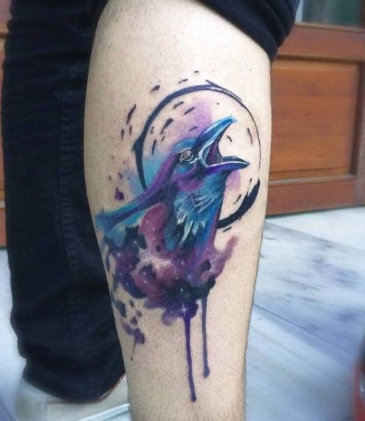 Females Raven Tattoos Watercolor Leg